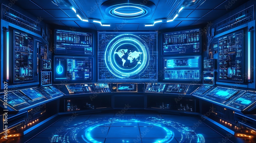 Poster futuristic control room filled with digital screens displaying global data and information for high-