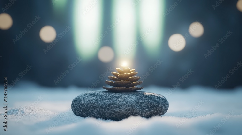 Poster a serene scene featuring a pine cone balanced on a stone, illuminated softly against a snowy backgro