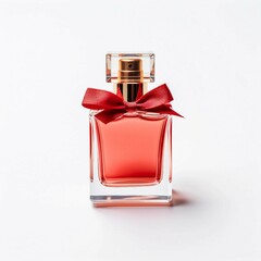 Red Perfume Bottle , Isolated white background, flat lay