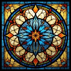 Vibrant stained glass window featuring a floral design in bright colors