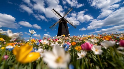 Windmill surrounded by colorful flowers under a blue sky.