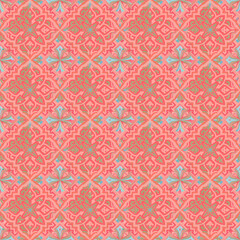 Intricate Coral and Teal Pattern: A seamless, repeating pattern of delicate, intricate designs in shades of coral and teal.