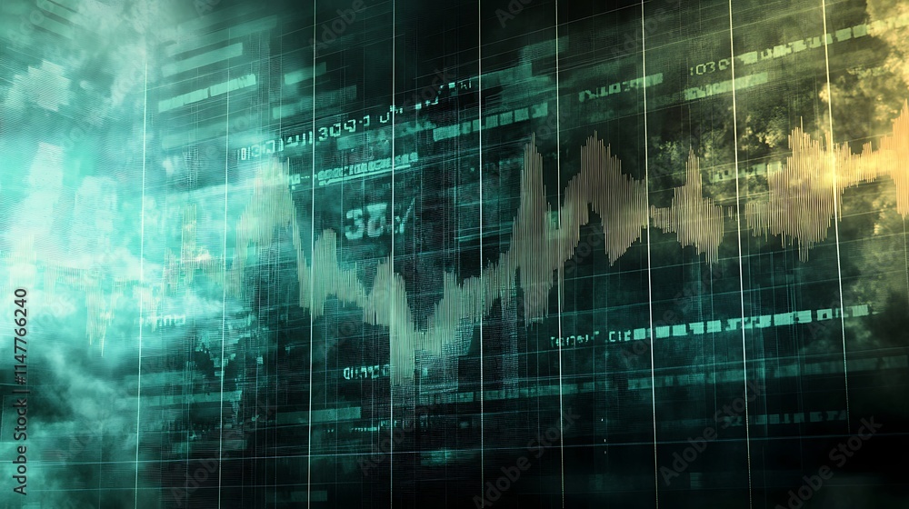 Poster abstract visualization of stock market data with teal gold tones depict a dynamic waveform.