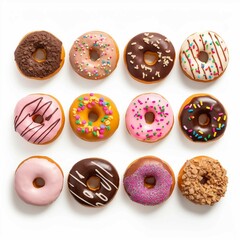 Delicious Varieties of Doughnuts with Toppings , Isolated on white background, flat lay 