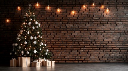 Decorated Christmas tree against a brick wall with string lights and gifts.