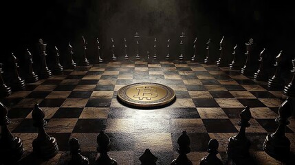 A golden coin resting on an elegant wooden chessboard, surrounded by scattered chess pieces in a dimly lit room, hyper realistic, strategic and mysterious vibe