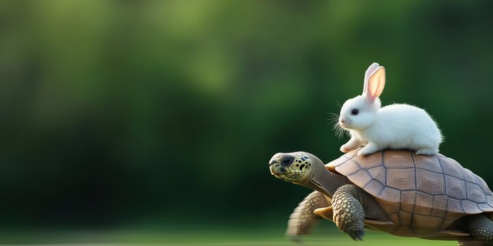 A white rabbit riding on the back of a speeding tortoise