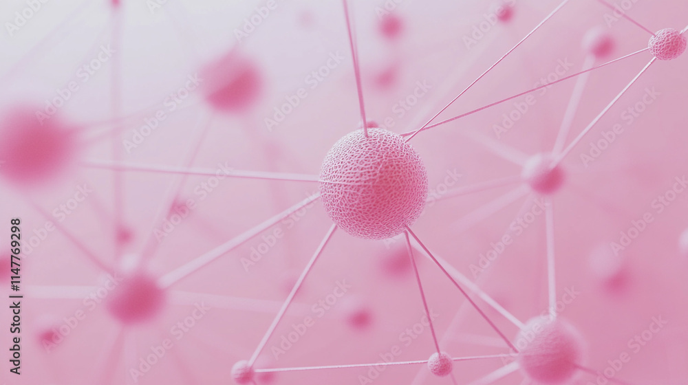 Poster abstract pink network of interconnected spheres and lines in a modern design.