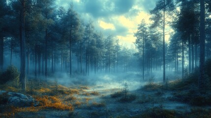 Fototapeta premium Misty forest, tall trees, golden ground.