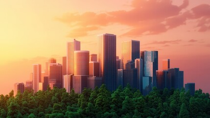A vibrant city skyline at sunset, surrounded by lush greenery, showcasing modern architecture and a serene atmosphere.