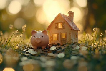A piggy bank beside a miniature house on a bed of coins, symbolizing savings and investment.