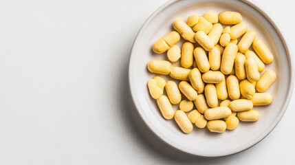 A plate filled with small, yellow, oblong-shaped tablets or supplements.