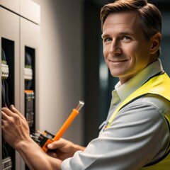 Professional electrical engineer in safety uniform working at factory server electric control panel room. Industrial technician worker maintenance checking power system at manufacturing plant room