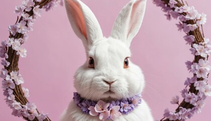 Obraz premium Adorable White Rabbit in a Floral Wreath, Perfect for Easter