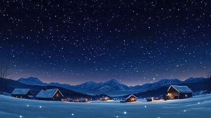Fototapeta premium Beautiful starry sky at night, there is snow on the ground and small houses in front of it.