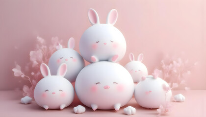 Conejos súper tiernos y suaves mirando a cámara. Estilo kawaii. Fondo rosa