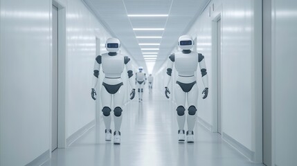 Two humanoid robots walk down a sterile, white corridor, emphasizing a futuristic and technological environment.