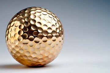 A close-up shot of a shiny, golden golf ball with a smooth, textured surface, This image can be...