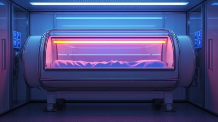 Obraz premium A sleek, futuristic chamber with soft lighting, featuring a semi-transparent compartment that suggests advanced technology and possibly cryogenic preservation.