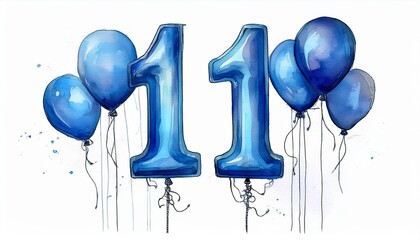 Blue birthday / anniversary balloon, number 11, watercolor painting with white background