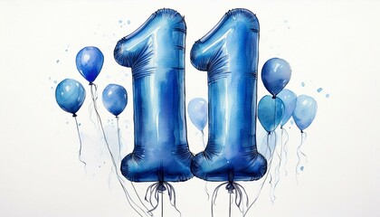 Blue birthday / anniversary balloon, number 11, watercolor painting with white background