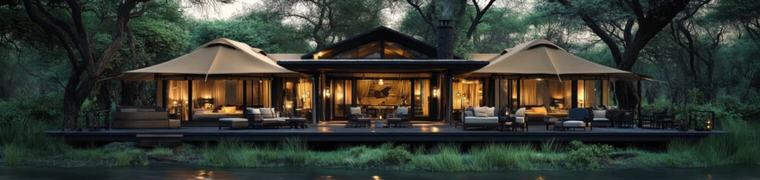 Fototapeta Luxurious safari lodge nestled in lush greenery at dusk.