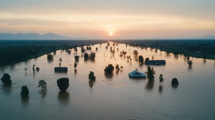 Naklejka premium A serene sunset over a flooded landscape, with submerged trees and structures, creating a tranquil yet haunting atmosphere.