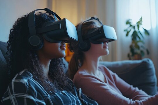 Biracial women explore digital world in virtual reality at home.