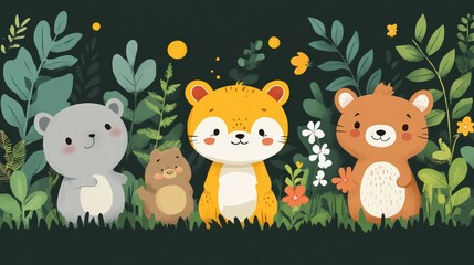 Naklejka premium Adorable cartoon animals amidst lush foliage.
