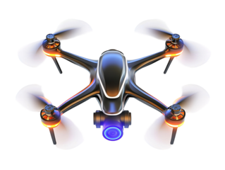 Isolated Black Drone with Blue Camera Lens