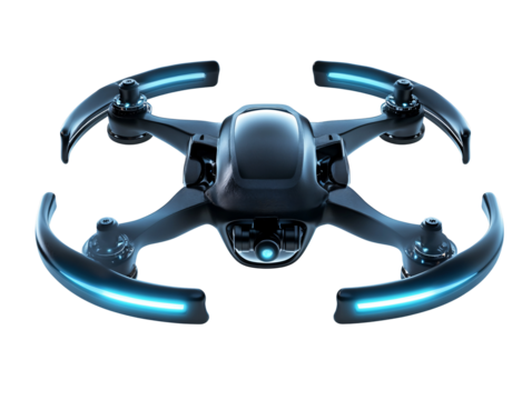 Isolated Black Drone with Blue Lights
