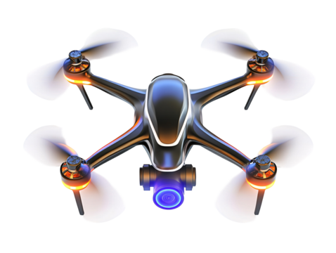 Isolated Black Drone with Blue Camera Lens