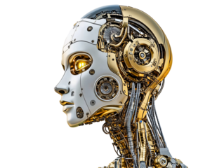 Isolated White and Gold Robot Head