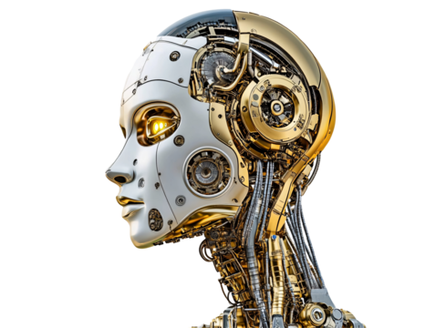 Isolated White and Gold Robot Head
