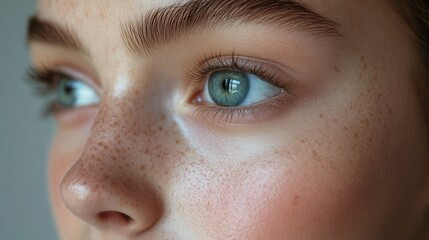 Fototapeta premium Close-up of a person's eye with freckles, highlighting natural beauty and skin texture.