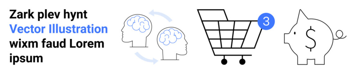 Shopping cart with number three, a piggy bank with dollar sign, two heads with brain gears. Ideal for e-commerce, online shopping, savings, cognitive processes, finance, mental processes
