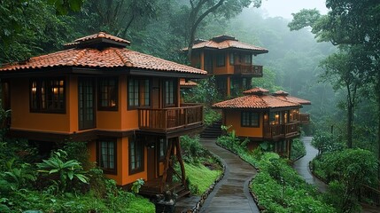 Obraz premium Misty rainforest resort bungalows on hillside path.