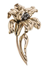 Yellow gold and diamond brooch with floral motif, isolated on white background