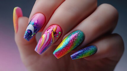 nail art of fantasy Rainbow unicorn nail art design