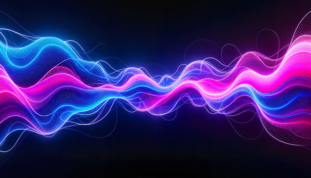 Vibrant blue and pink flowing soundwaves on dark background
