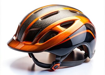 Fototapeta premium Black and orange bicycle helmet, macro photography. White background highlights textured details in this detailed closeup.