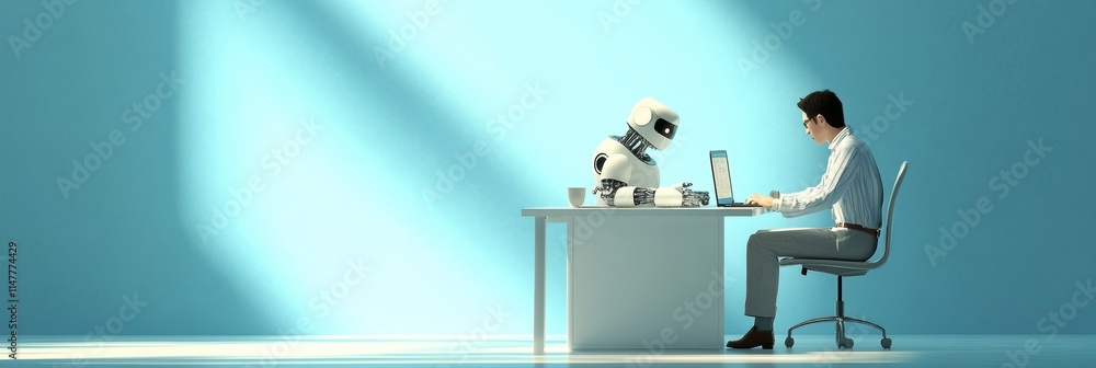 Aufkleber Human collaborates with robot on project at modern workstation with bright blue background. Generative AI