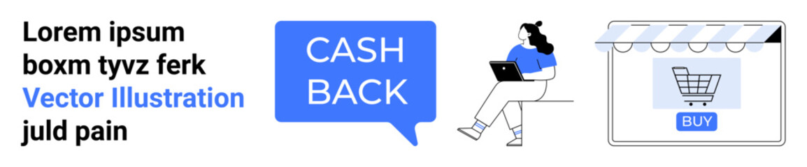 Woman using a laptop, a speech bubble that says CASH BACK, and a shopping cart icon on a storefront. Ideal for e-commerce, cashback offers, online shopping, digital marketing, retail, promotions