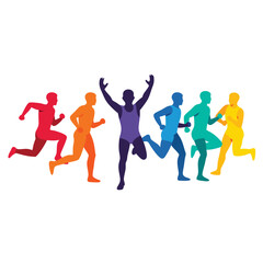 Illustrated depiction of a group of runners celebrating as they cross the finish line. Vibrant and uplifting representation of determination, athleticism, teamwork, and accomplishment in sports.