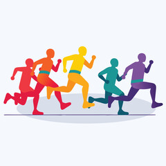 Illustrated depiction of a group of runners celebrating as they cross the finish line. Vibrant and uplifting representation of determination, athleticism, teamwork, and accomplishment in sports.
