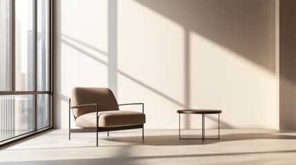 Minimalist modern living room with sleek, open design. Featuring clean lines and soft tones