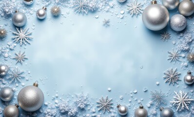 Festive silver ornaments on blue background