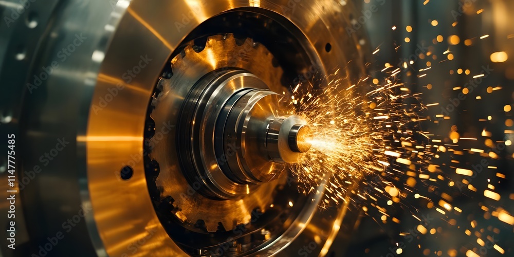 Poster a close-up of a metallic machine part with sparks flying during a manufacturing process.