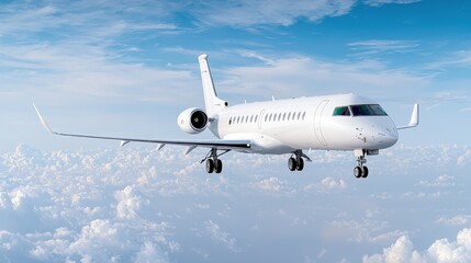 Obraz premium White private jet flying above clouds.
