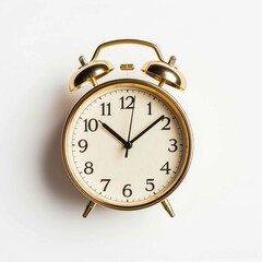 Gold Alarm Clock, Isolated on white background, flat lay